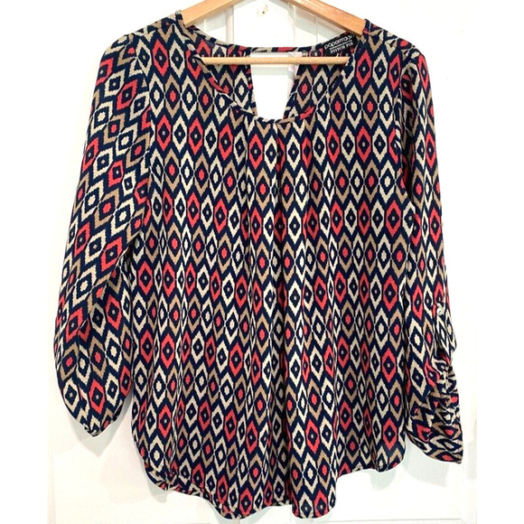 Papermoon Women's Blouse red beige Geometric Print Multicolor long Sleeve Size M - Picture 1 of 5